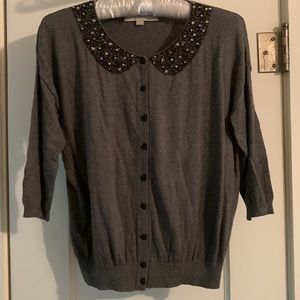 Loft Sweater, Bejeweled Faux Collar, Button Front, 3/4 sleeves, Waist Length